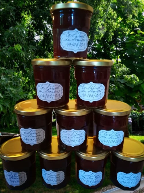 Homemade preserves jars stacked at Aux Prés Du Berry bed and breakfast in Chavin, France