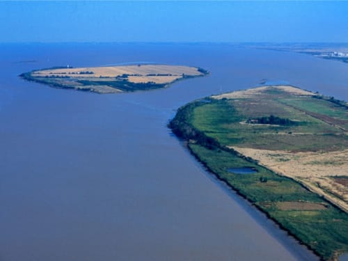 Vista aèria de les illes agrícoles en aigües blaves prop de Queyrac, França, mostrant el bonic entorn rural de Le Manoir Lacustre