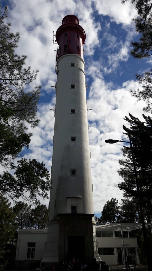 Torre de far alta amb sostre vermell a Le Manoir Lacustre a Queyrac, França envoltada de pins