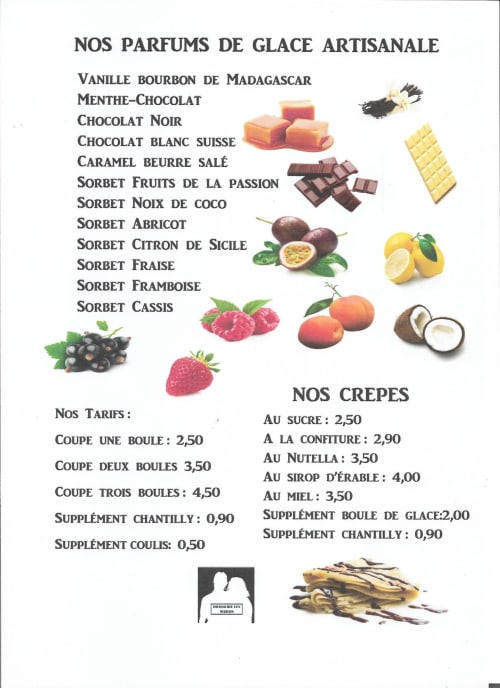 Carte des glaces artisanales et crêpes au B&B Le Comtois à Saône, France