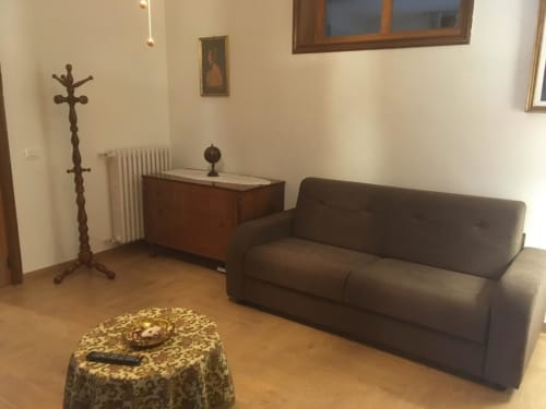 Lake View Panorama apartment sitting area with dark sofa, wooden furniture, and radiator at Appartamento Giustina in