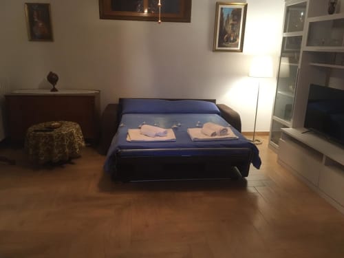 Bedroom at Appartamento Giustina in Gargazzone with blue bed, wooden floors, TV, and modern furnishings