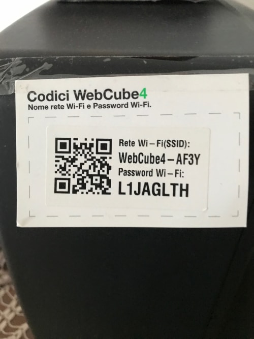 WebCube4 WiFi network credentials label with QR code and password for Appartamento Giustina in Gargazzone