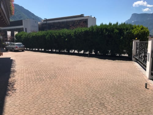 Paved driveway at Appartamento Giustina in Gargazzone with mountain views, hedge fencing, and parking