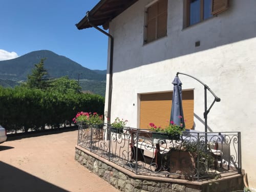 Ground floor apartment balcony with mountain views in Gargazzone, featuring wrought iron railing and flowering plants