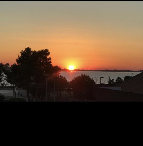 Sonnenuntergang über dem See beim Appartamento Giustina in Gargazzone, Bäume in Silhouette und Wasser, das goldenes Licht reflektiert