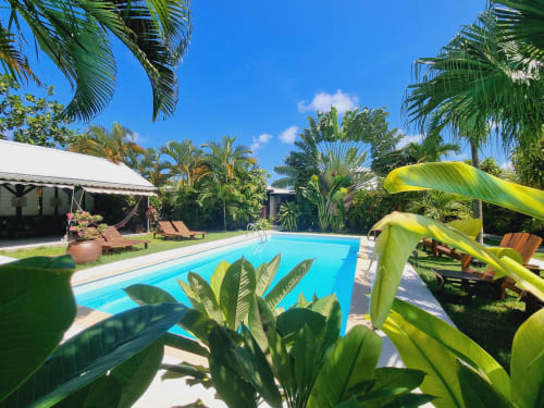 Gites Kaladja pool view with turquoise water, palm trees, lounge chairs, and tropical garden in Port-Louis, Guadeloupe
