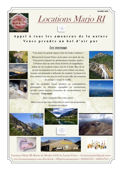 Flyer de location de vacances Locations Marjo RI mettant en avant les activités nature de Lauzet-Ubaye et les paysages de Provence