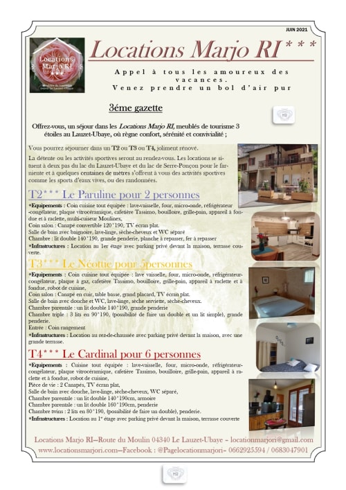 Brochure de location Locations Majo RI présentant des appartements T2, T3, T4 au Lauzet-Ubaye avec équipements et photos