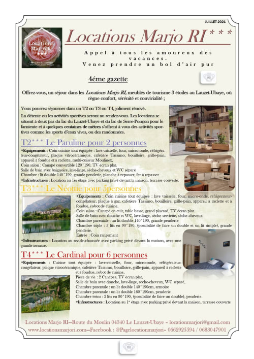 Locations Marjo RI - gîtes meublés avec activités nautiques au Lauzet-Ubaye