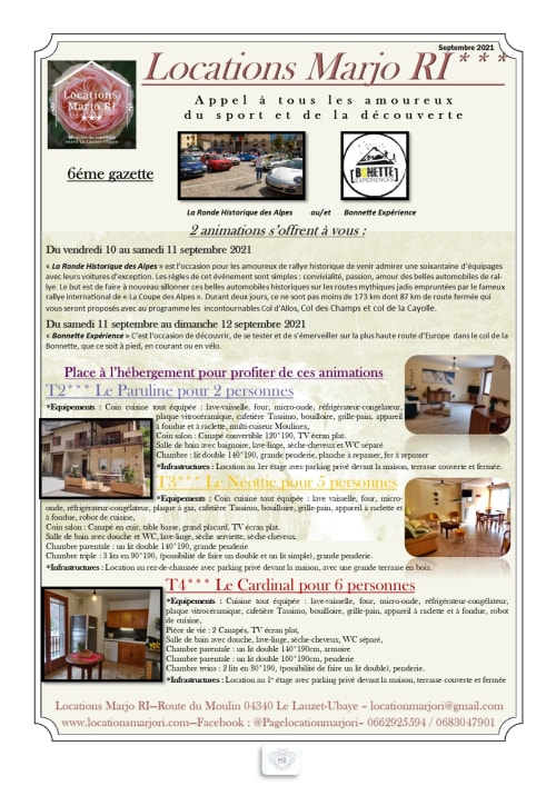 Options d'hébergement Marjo RI au Lauzet-Ubaye avec détails sur les équipements et événements