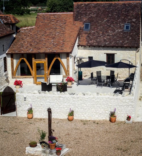 View of the sky, garden furniture and terrace, Rainbow arc, Les arches de Muschamp, Cussay.