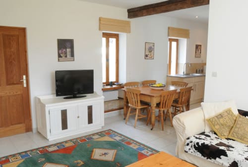 Living room with flat screen TV, Maison des arches de muschamp, Indre-et-Loire, France.