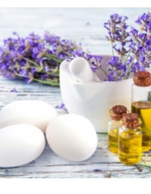 Lavender spa setup with eggs and essential oils at Les Terrasses Dorées, Châtillon