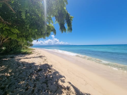 Playa tropical en Gites Kaladja en Port-Louis, Guadalupe, con arena blanca, aguas turquesas y exuberante vegetación verde