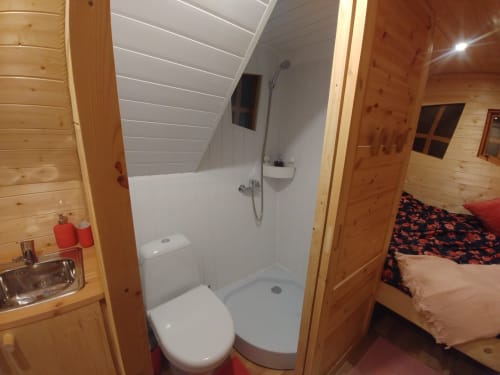 Interior and toilets, Les refuges du chalet, unusual stays, Jalhay, Belgium. 
