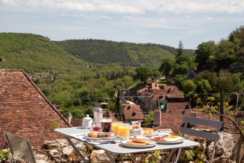 View from the terrace of the Lapopie house, breakfast, Saint Cirq Lapopie. 