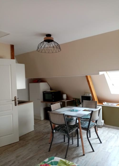 Chambre de luxe Varette Patricia LES CLEMATITES EN COTENTIN avec table à manger, kitchenette et vue sur le jardin depuis la lucarne