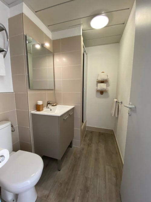 salle de bain équipée, douche, toilette wc , sèche cheveux, drap de bain, bain douche , savon mains