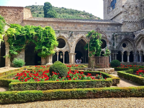 Jardin de cloître médiéval à la maison d'hôtes Sylvie CAMBON à Montséret, France avec fleurs rouges et voûtes en pierre recouvertes de lierre.