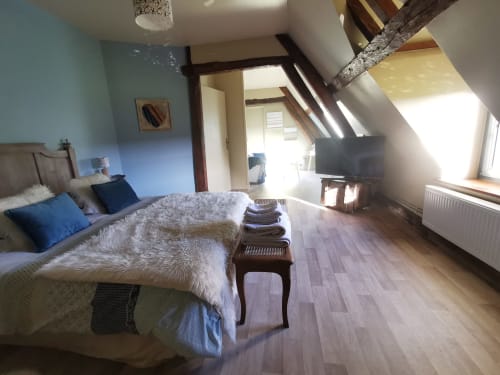 Chambre spacieuse sous les toits à La Cour d'Hortense avec lit queen, TV, poutres apparentes et lumière naturelle par les verrières