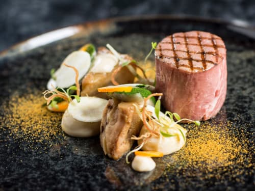 Gastronomische eendborst met paddenstoelen en garnering in boutique hotel Provence Km28 in Gordes