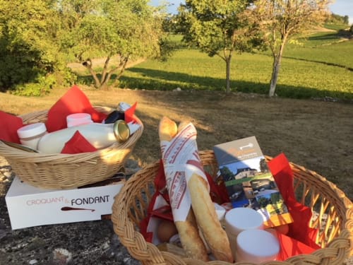 Picnic baskets with French bread, fruits, and red napkins in Mercurey vineyard garden at Les Maisons de Chamirey