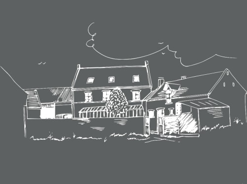 Croquis de la maison d'hôtes La ferme de l'Ostrevent à Estrées avec bâtiments et arbre