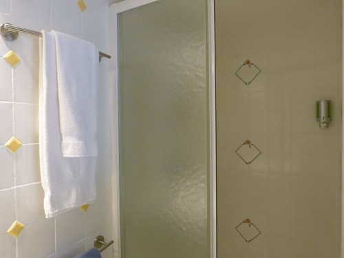 Modern bathroom shower enclosure with frosted glass doors and decorative handles at Villa Thébaïde B&B in Laudun L'Ardoise