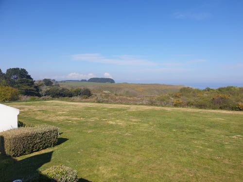 Pelouse verdoyante avec haies surplombant le paysage côtier de Belle-Île-en-Mer sous un ciel bleu