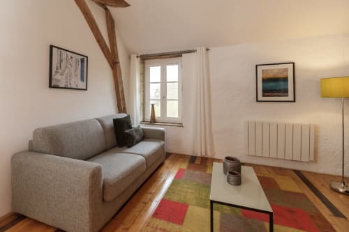 Bright sitting area in Arroux room at Moulin Renaudiots, Autun with gray sofa, colorful rug, and garden view window