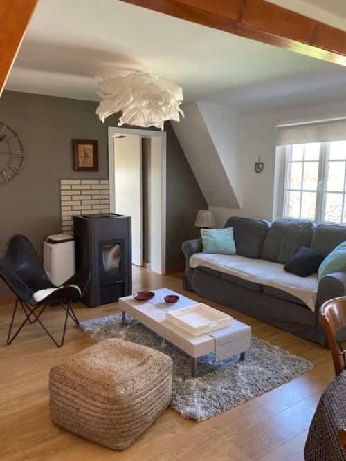 Salon cosy en grenier du gîte Le Clos d'Azel en Alsace, avec canapé sombre, cheminée et mobilier contemporain