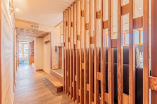 Modern wooden partition in Arc 1800 apartment hallway, Bourg-Saint-Maurice ski resort, mountain view balcony access