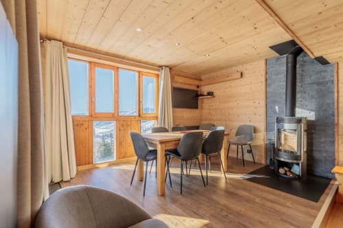 Modern wooden apartment with dining table, fireplace, mountain views from large windows, and contemporary furnishings at Arc