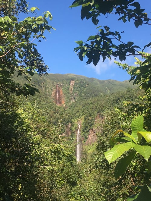 Majestueuse cascade tropicale dans les montagnes verdoyantes de Villas aux Antilles, Saint-François, Guadeloupe