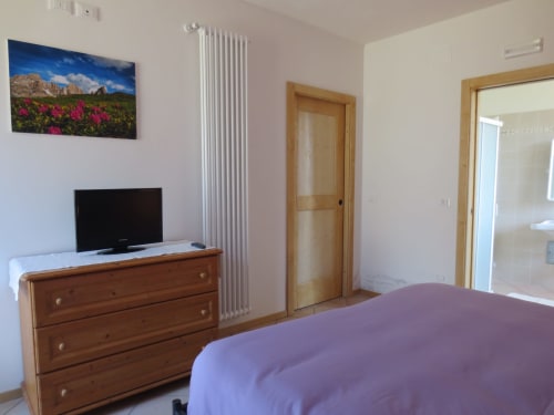 Camera doppia | Agritur Clementi, Trentino, lilla, un letto matrimoniale, Wifi, bagno privato con doccia, Tv schermo piatto, mobili in legno in sintonia con l’ambiente, appendiabiti, balcone con vista.