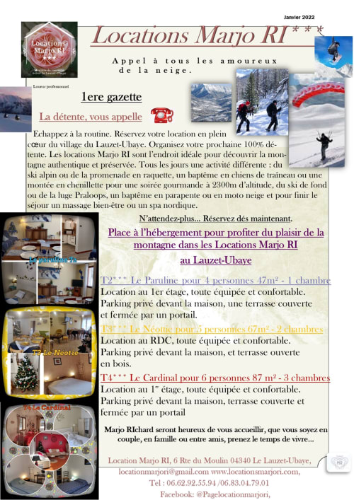 Locations Marjo RI - gîtes de vacances au Lauzet-Ubaye, Alpes françaises. Hébergements montagnards et activités hivernales.