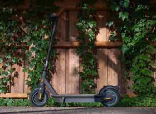 Trottinette électrique garée contre un mur de briques couvert de lierre au Domaine Des Bois Argentés, Pruniers-en-Sologne