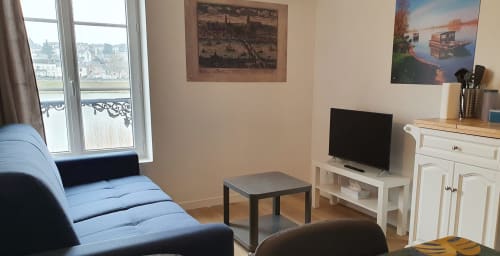 Bright living room at Gîte Des Cygnes, Blois with river view, blue sofa, flat-screen TV and modern furnishings
