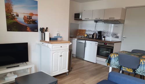 Modern kitchen-living area in Gîte Des Cygnes cottage, Blois with river view artwork, flat screen TV and contemporary