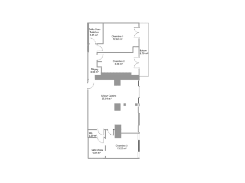 Plan de l'appartement Rouge Canneberge à Couleurs Montagne, Valloire : 3 chambres, cuisine, salles de bain et balcon