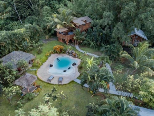 Park and garden from the sky, outdoor swimming pool, pointe-noire, unusual accommodation, West Indies cottages, Guadeloupe. 