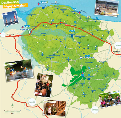 Destination Isigny-Omaha map showing Au Gite d'Isigny location with regional attractions and activities in Normandy, France.