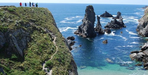 Dramatic coastal cliffs with moss-covered rocks overlook turquoise waters and rocky outcrops at Belle-Île-en-Mer, Brittany.