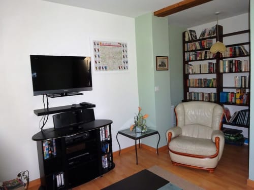 Salon avec bibliothèque et télévision, Le Vinci, gîte, chaumières du chêne, Pouillé, 
Loir-et-Cher