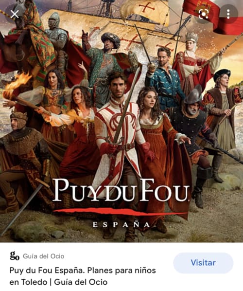 Cartel promocional del Puy du Fou España con personajes medievales y caballeros cerca de Toledo