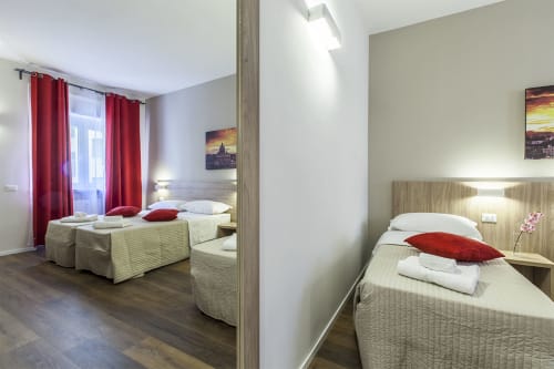 Camera San Pietro | B&B La Palma, Roma. Letto matrimoniale o doppio, singolo. Ideale per 3 persone. Servizi: doccia emozionale, climatizzazione, Wifi, scrivania, bagno privato, asciugamani, aria condizionata, TV, finestra, parcheggio, pet friendly.