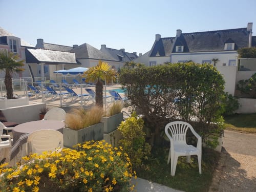 Appartement côtier à Loc'Maria Belle Île-en-Mer avec vue sur la piscine, transats, palmiers et fleurs jaunes au jardin
