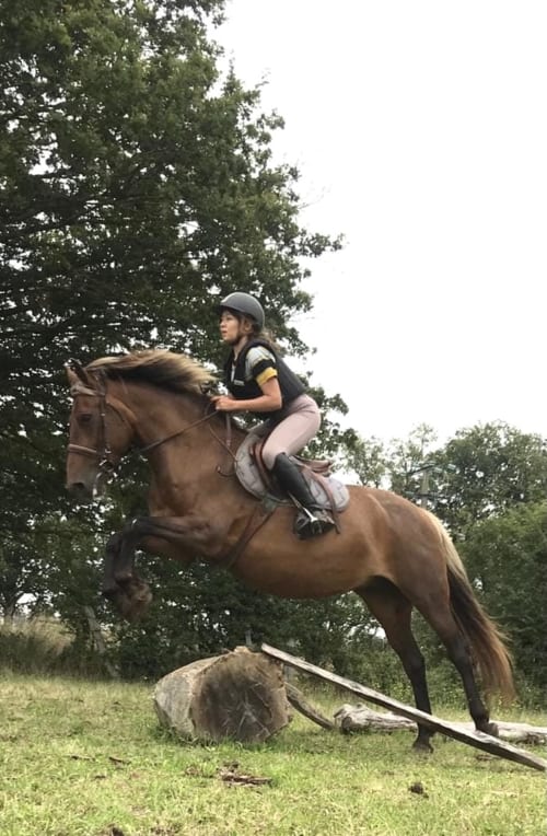 Cavalier à cheval franchissant un tronc à La Maison De Fleurat à Domeyrot, France
