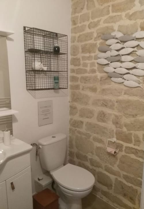 Salle de bains moderne à La Maison d'Hôtes La Chabanaise : toilettes blanches, lavabo, murs en pierre, étagères métalliques et art poisson décoratif dans le Marais Poitevin